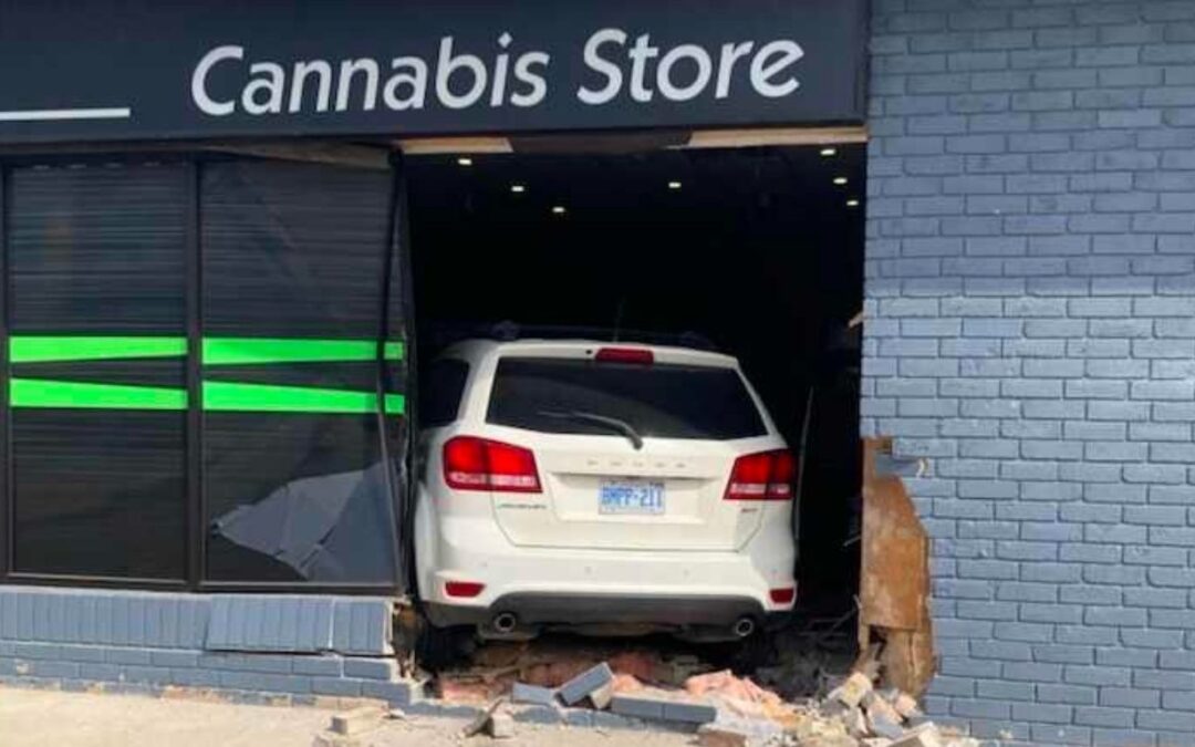 Oh no! “Kool-Aid man” style car crash into cannabis store in Ontario